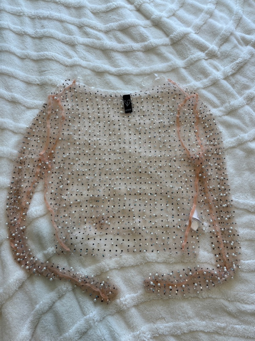 Sheer Embellished Pink Mesh Long-Sleeve Top